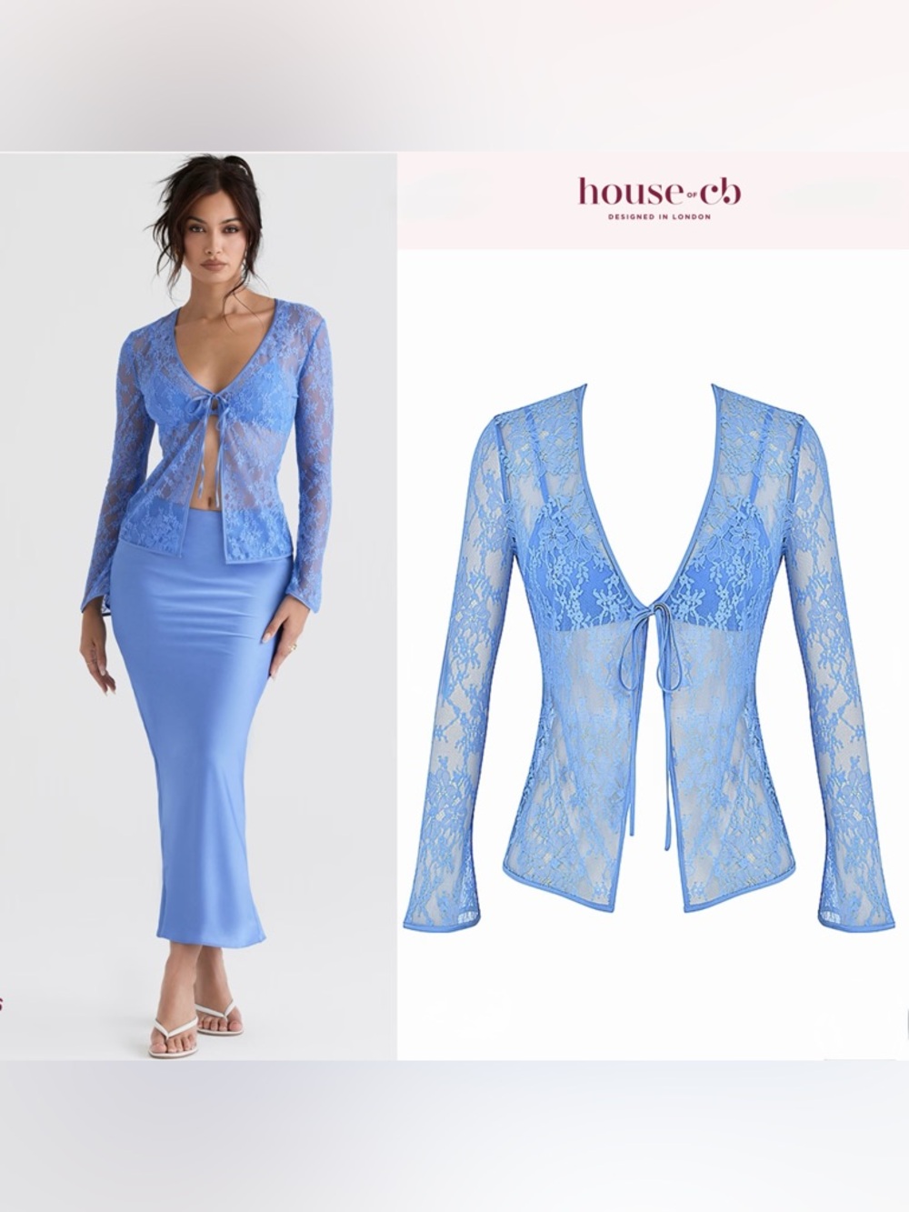 House of CB PHOEBE Blue Lace Tie Front Top 2 pieces - Picture 5 of 13